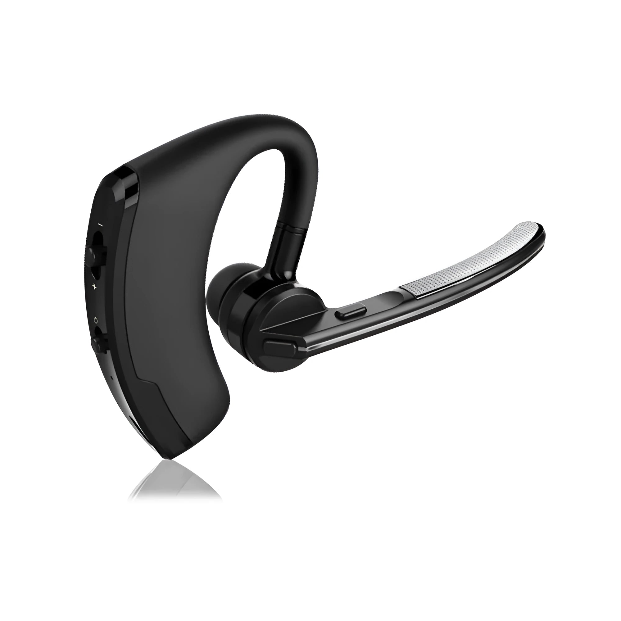 V9 Jerry black wireless Bluetooth headset with earbud and microphone for hands-free calls on smartphones.