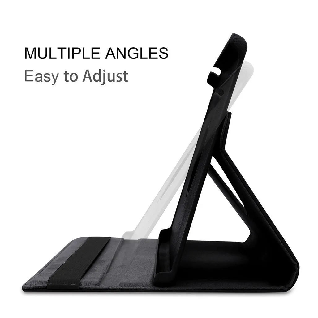 Imitation leather rotating clamshell protective sleeve for iPad and iPad Pro tablets.