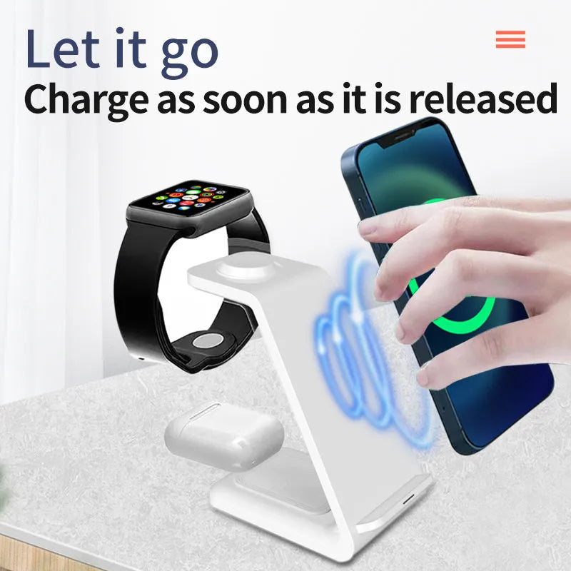 White upright wireless phone charger with dual-coil charging surface and QC3.0 fast charging support
