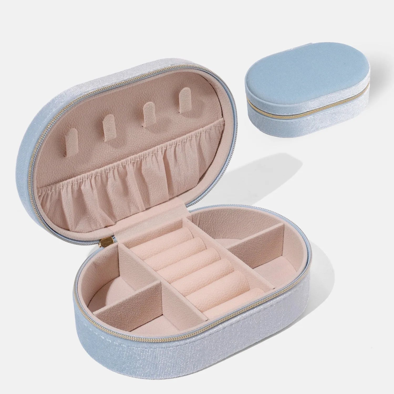 Oval velvet jewellery storage box in Korean style with flannel interior, showing colour options including lake blue, pink, and beige