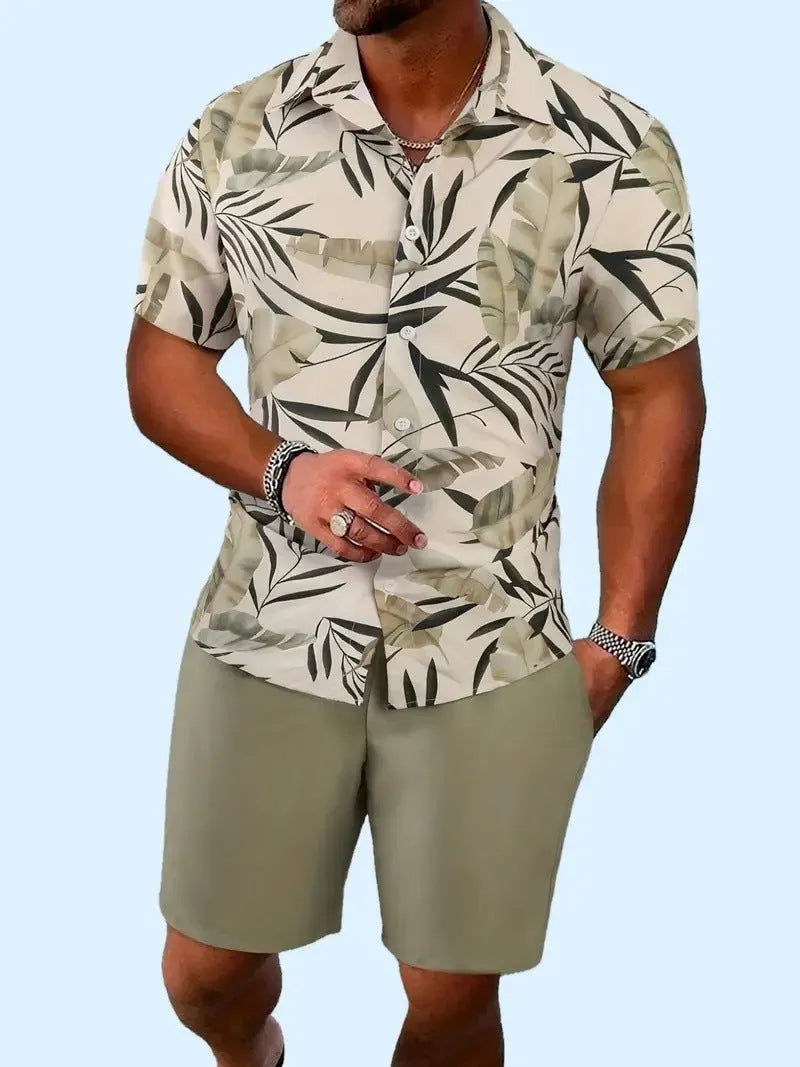 Men's 3D printed Hawaiian shirt and shorts co-ord set in a casual style.