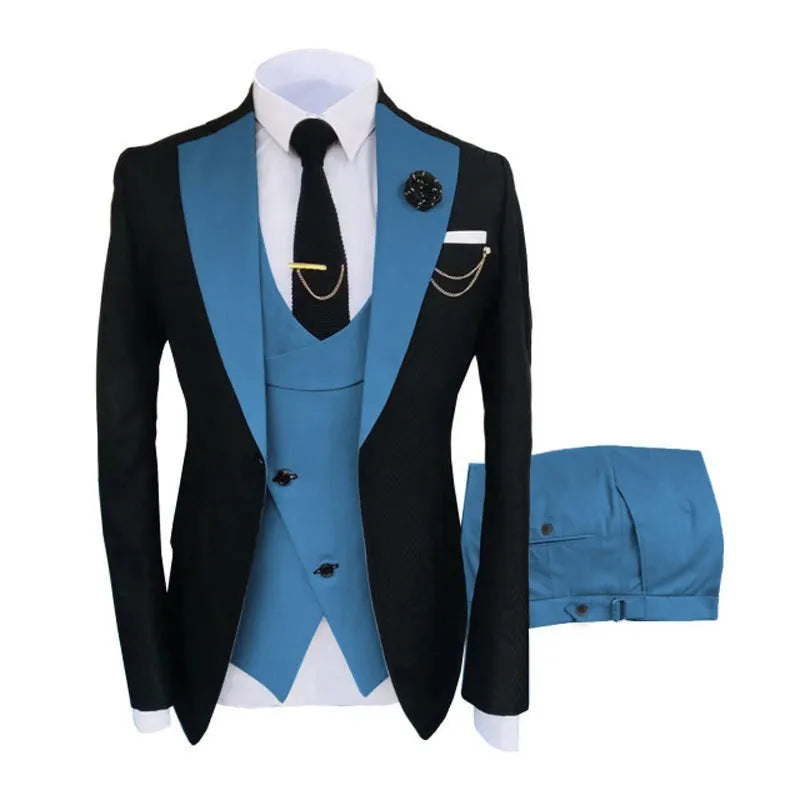 Men's slim fit three-piece business suit in cotton with vest, coat, and trousers