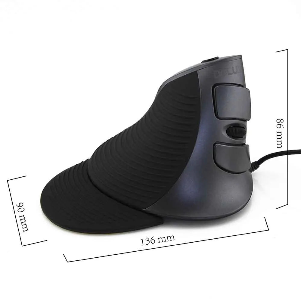 Ergonomic vertical computer mouse in black colour showing natural hand position design