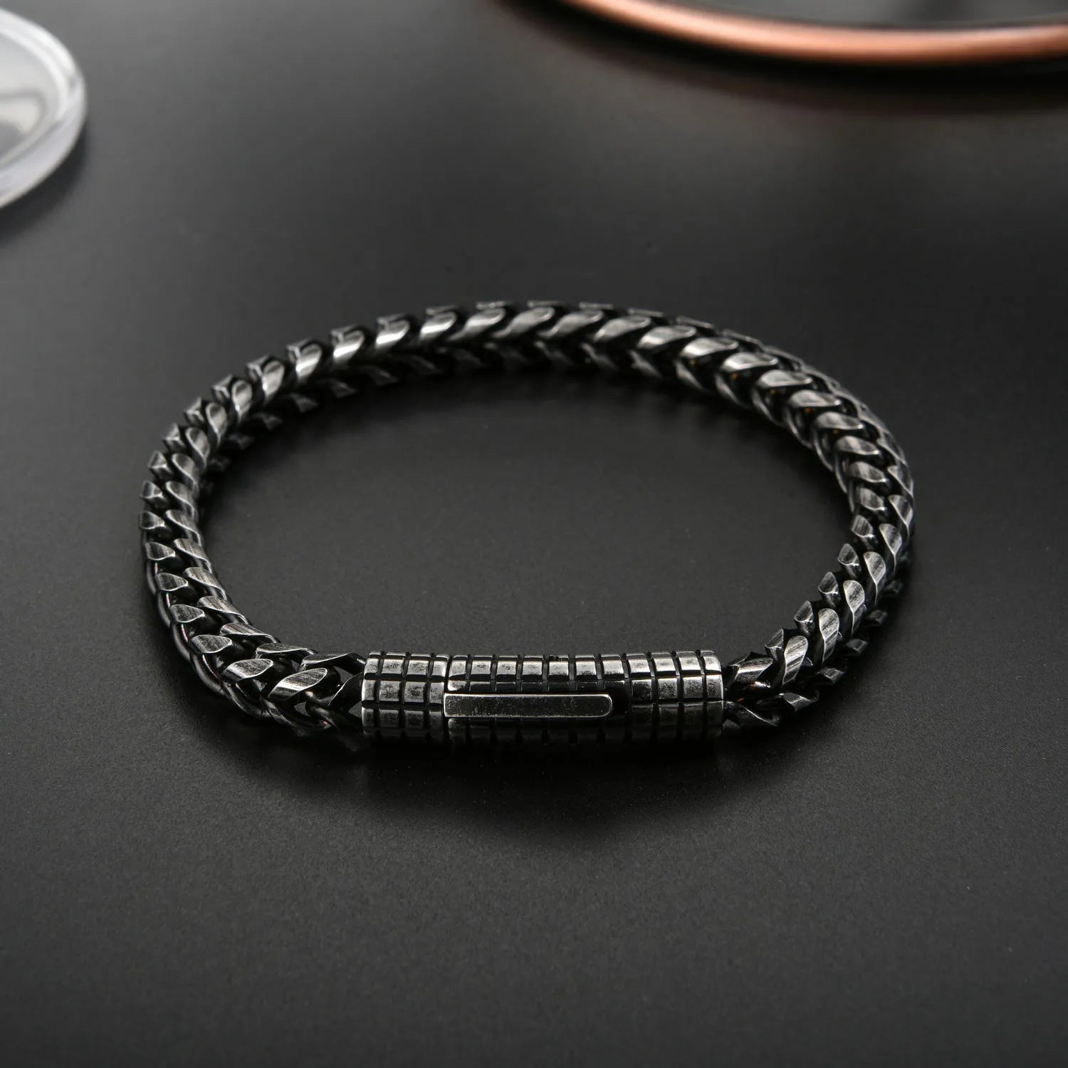 Custom stainless steel vintage men's bracelet with retro colour finish and adjustable chain link design