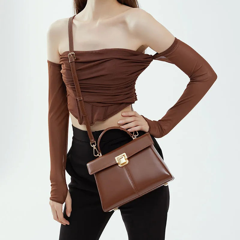 Women's genuine leather shoulder bag with vachette clasp in black horizontal square design