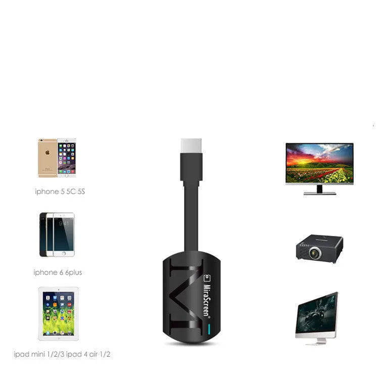 Black smart TV dongle for screen mirroring smartphones to television with HDMI output
