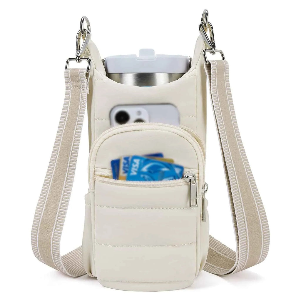 Water bottle kettle bag designed for bicycle mounting in black, pink, or beige cloth construction