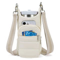 Water bottle kettle bag designed for bicycle mounting in black, pink, or beige cloth construction