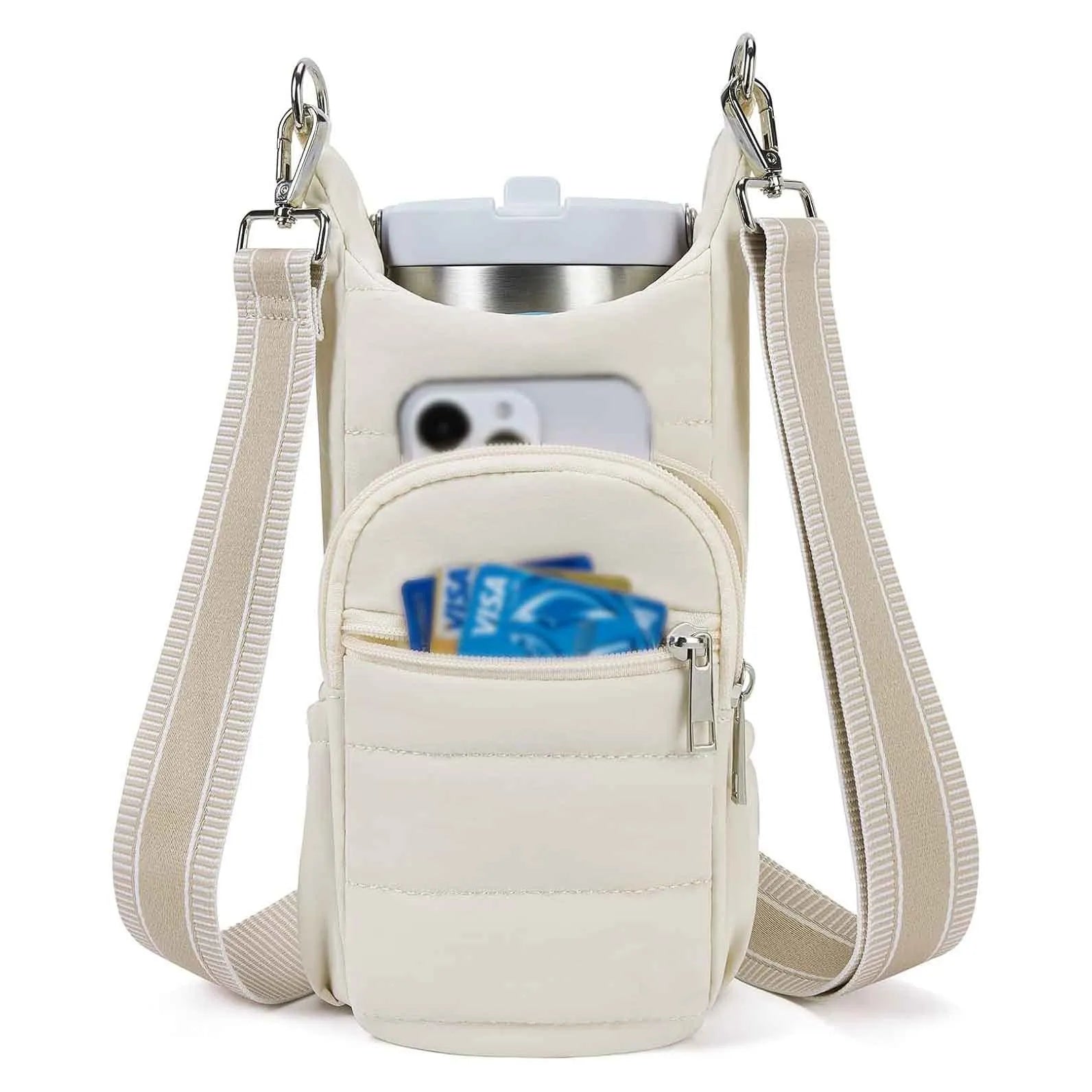 Water bottle kettle bag designed for bicycle mounting in black, pink, or beige cloth construction