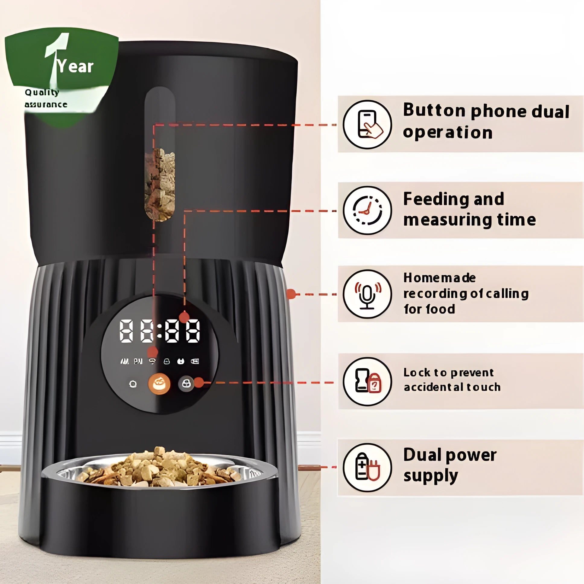 Black automatic pet feeder with digital display and food container for dogs and cats