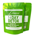 Box of 14-day herbal detox tea showing individual 3g sachets with total 42g net weight