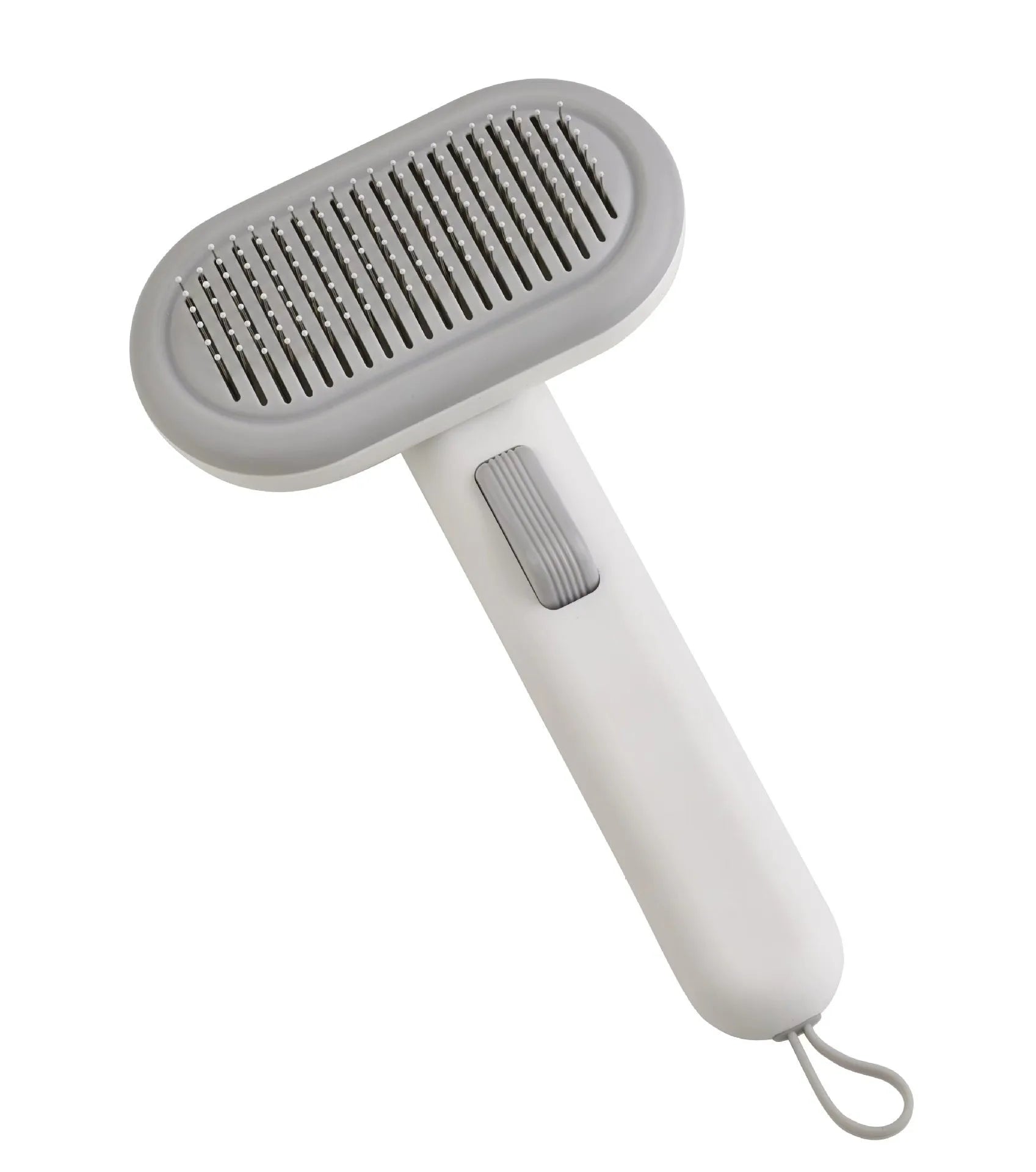 Large light grey pet grooming comb with stainless steel teeth and a built-in one-click shaver in the handle.
