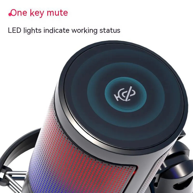 Condenser microphone with RGB lighting in black, white, or pink colours, with a 150cm data cable for computer recording.