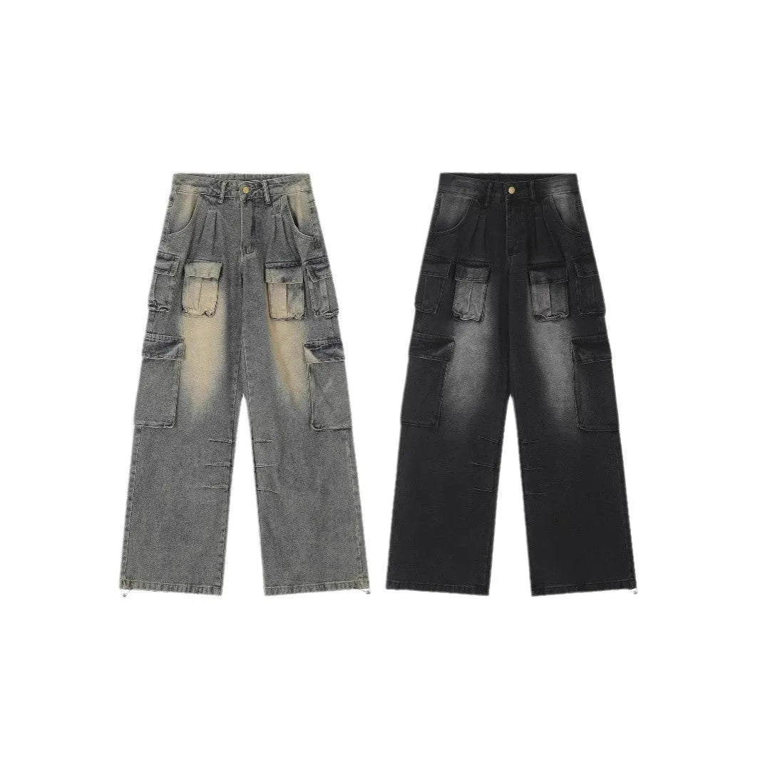 Men's loose fit straight leg distressed denim jeans with multiple pockets in tooling design