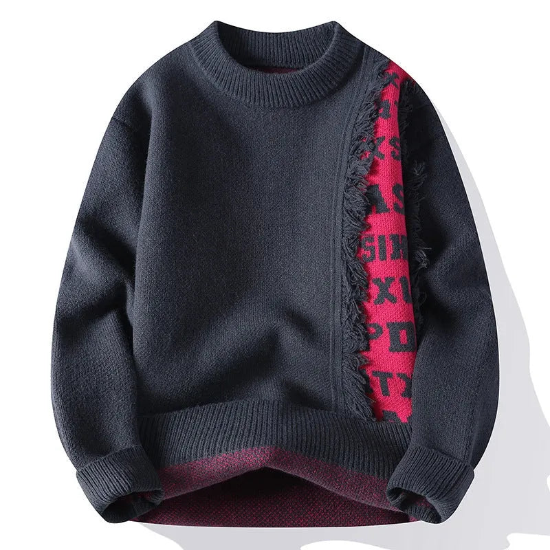 Men's loose fit knitted pullover sweater with ribbed hemline in black colour