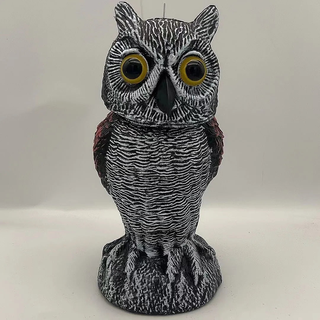 Artificial plastic owl bird scare ornament with moveable head for outdoor garden pest control