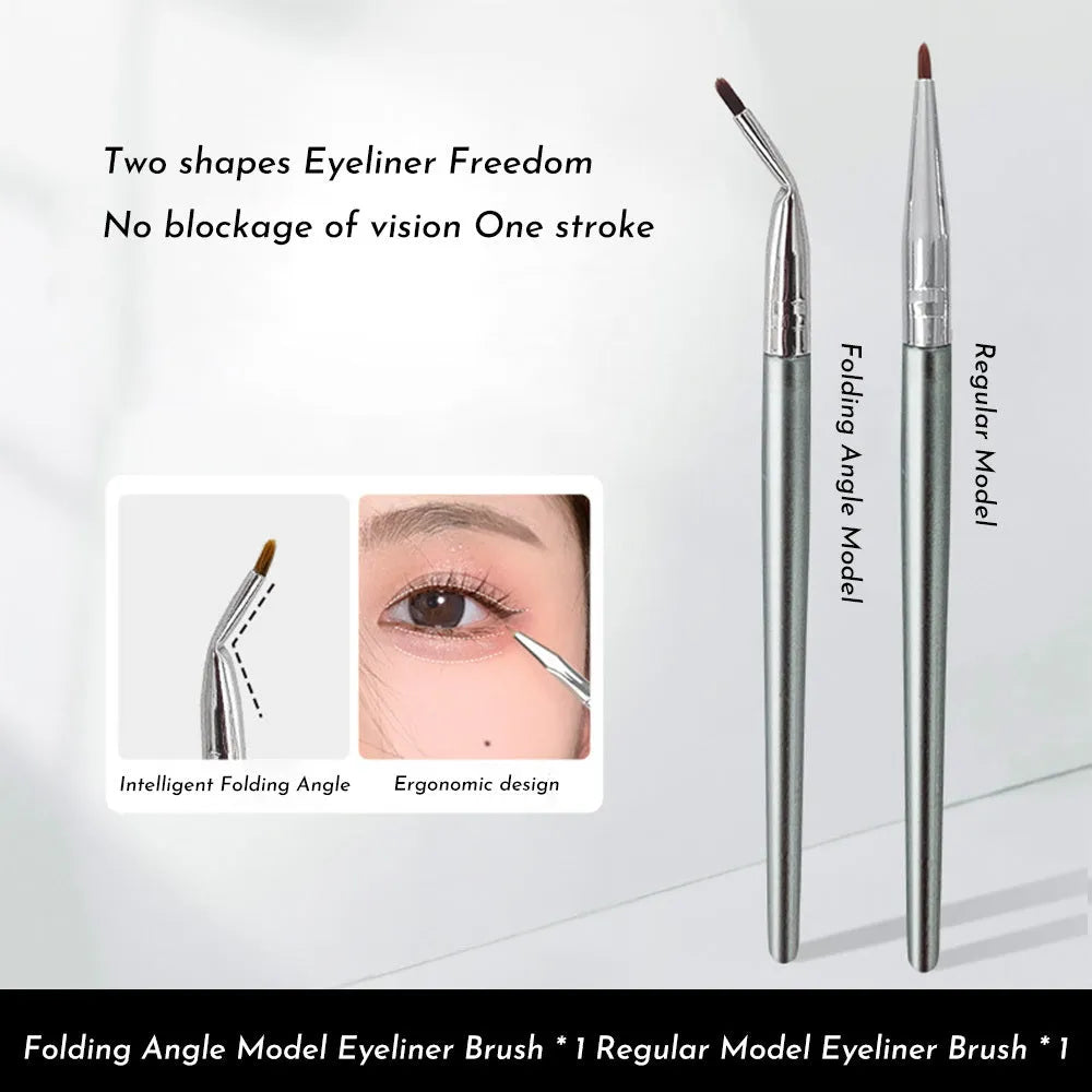 Close-up of a bent head eyeliner brush for precise under eye and tear trough makeup application.