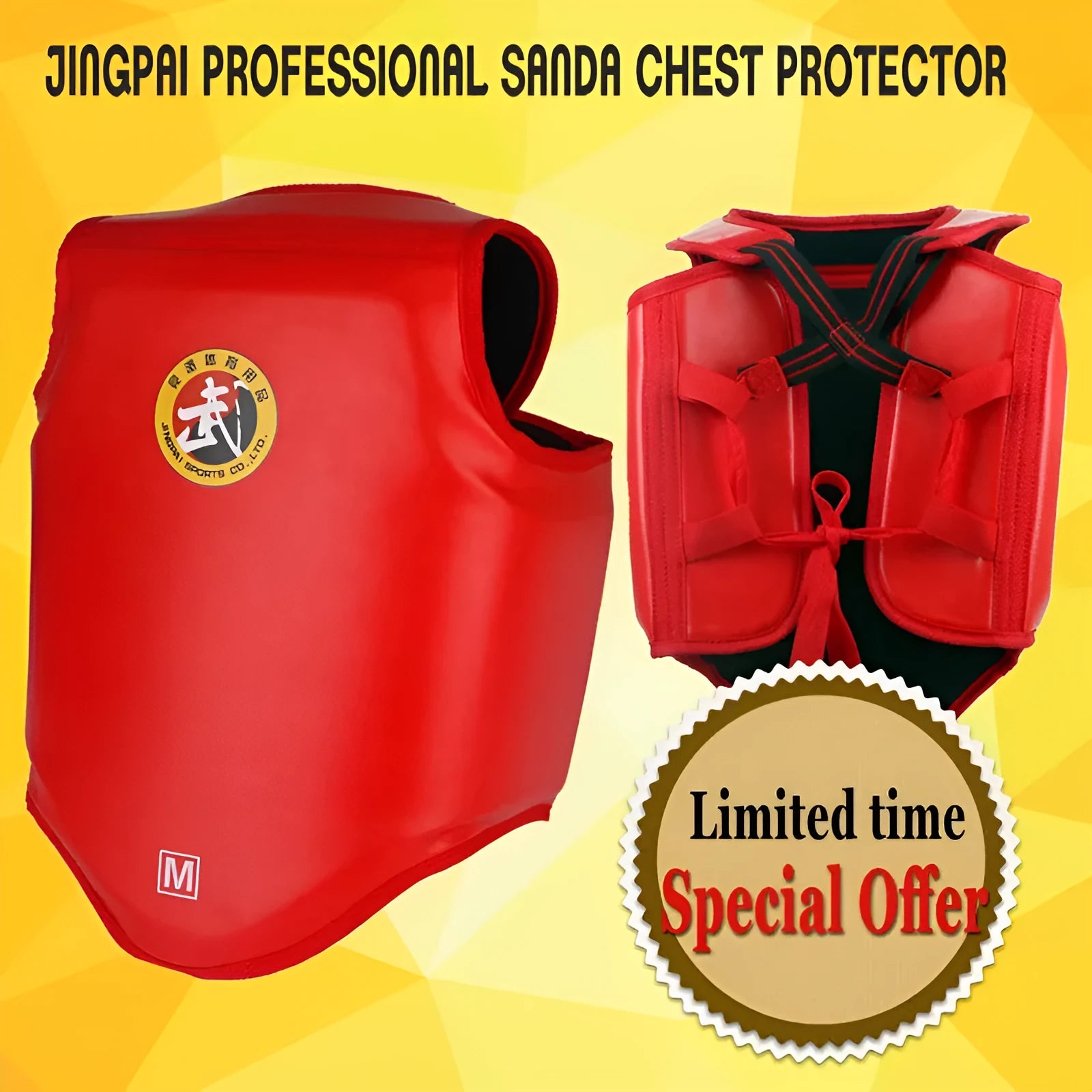 Red boxing helmet and matching one-piece chest protector set for training