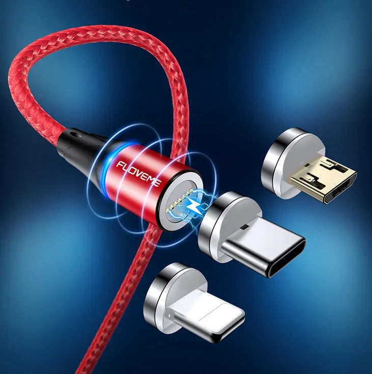 Black magnetic data cable with LED light and interchangeable iPhone, Android, and Type-C heads.
