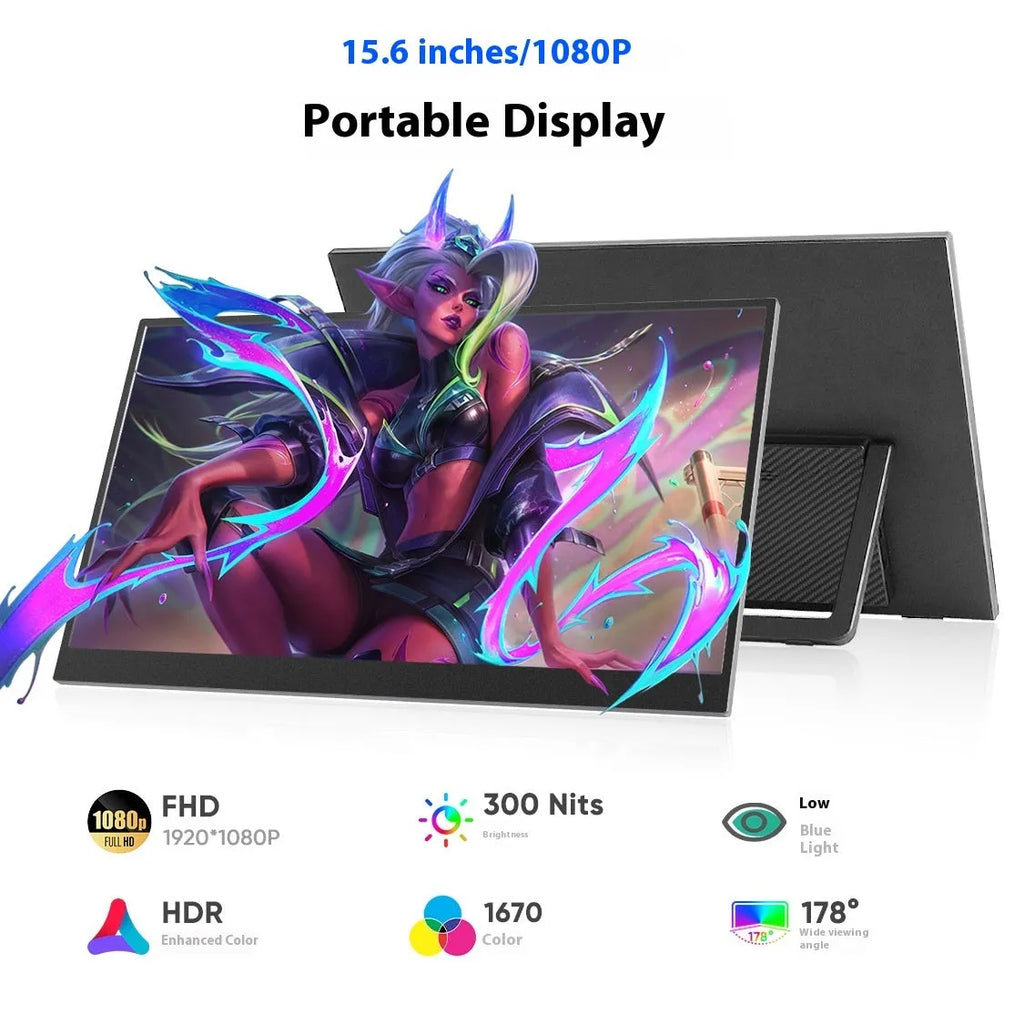 Black 15.6-inch portable LCD monitor on an adjustable stand, shown with HDMI and power cables.