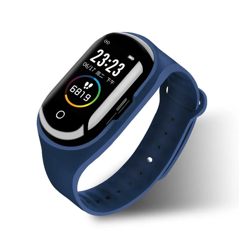 Smart bracelet earphone combo wearable device with 1 inch screen shown in blue, black, and red colour options
