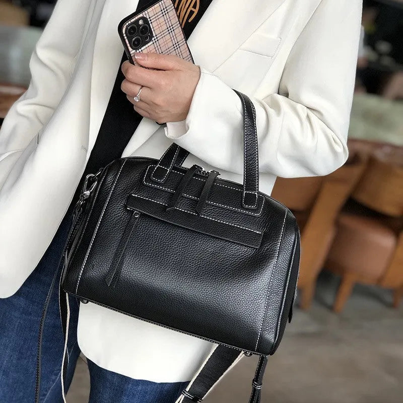 Men's horizontal square messenger bag in genuine cowhide leather with litchi pattern and shoulder strap