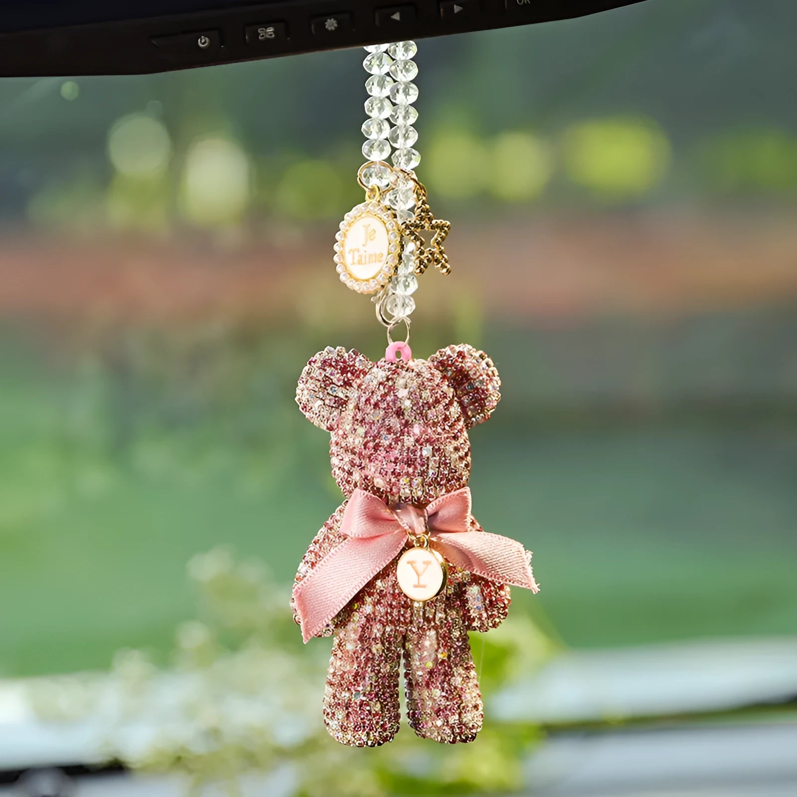 Violent Bear character car rearview mirror pendant with rhinestones in black, white, and pastel colours.