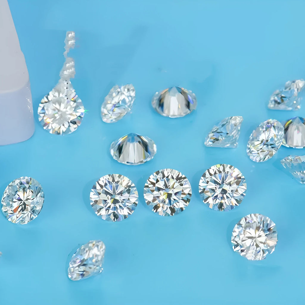 Round moissanite gemstone with eight hearts and eight arrows cut pattern showing brilliant reflection