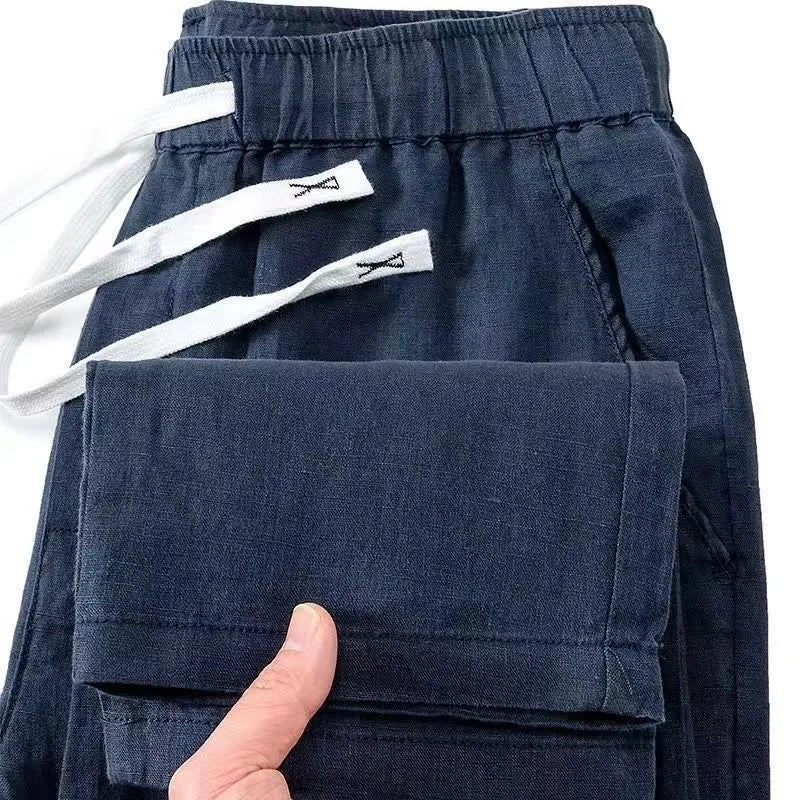 Chinese-style straight-leg linen-blend trousers with an elastic drawstring waist