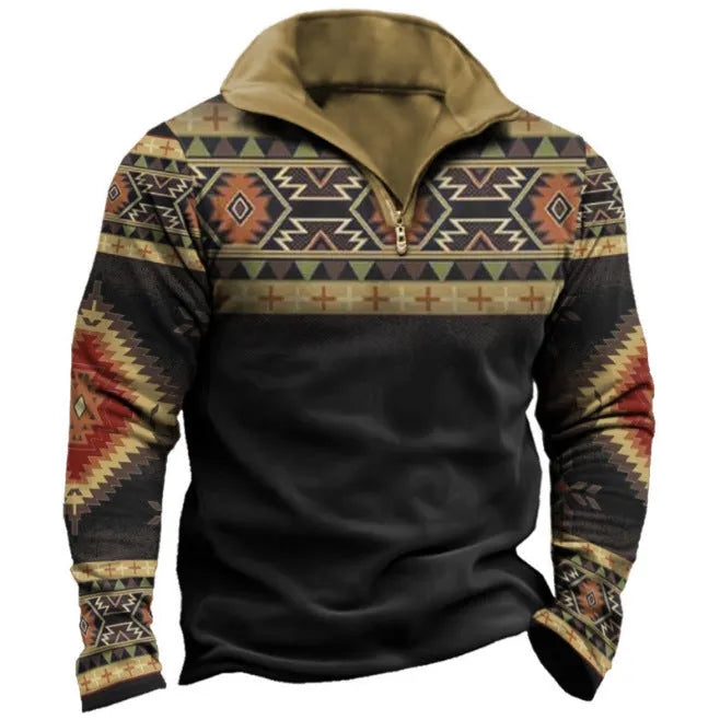 Man wearing a loose-fit long sleeve t-shirt with retro stripe print and zipper details, suitable for golf.