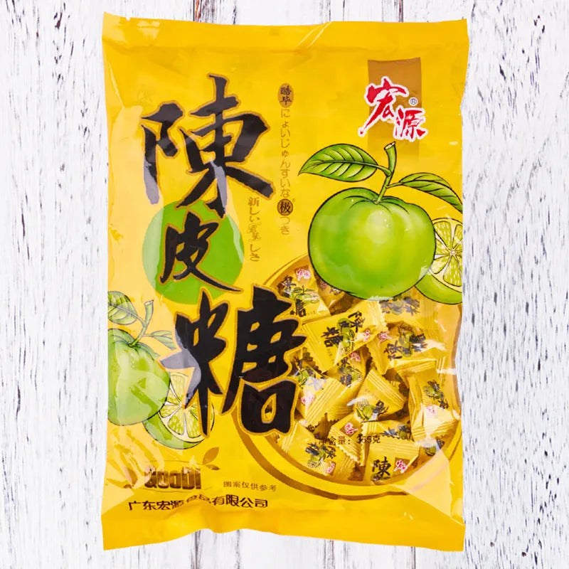 Three bags of hard candy: guava flavour (350g), plum sugar (350g), and tangerine peel (355g).