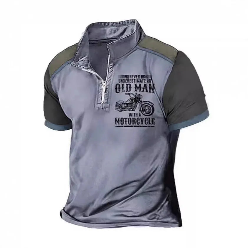 Men's casual polo shirt with a lapel collar and digital printed design on the front.