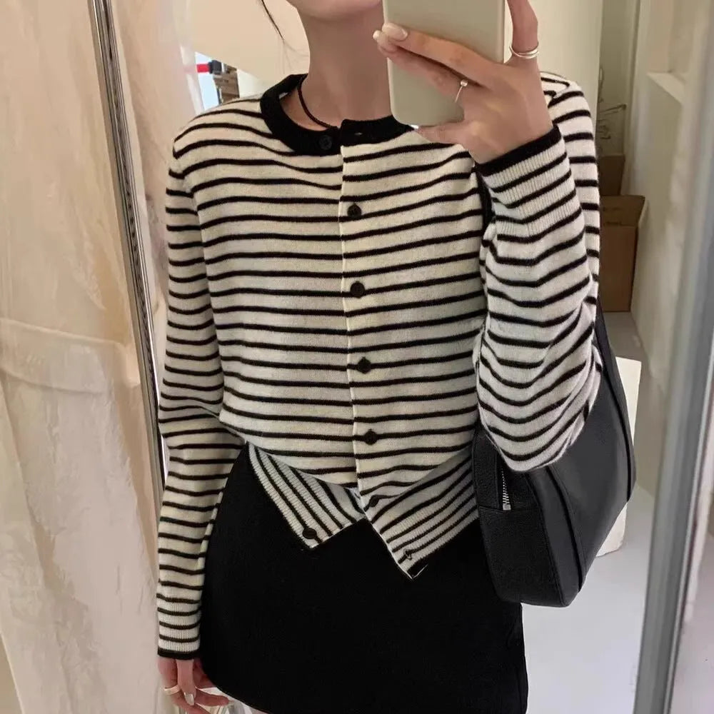 Dark grey and white striped women's viscose cardigan coat with long sleeves and a slim fit.
