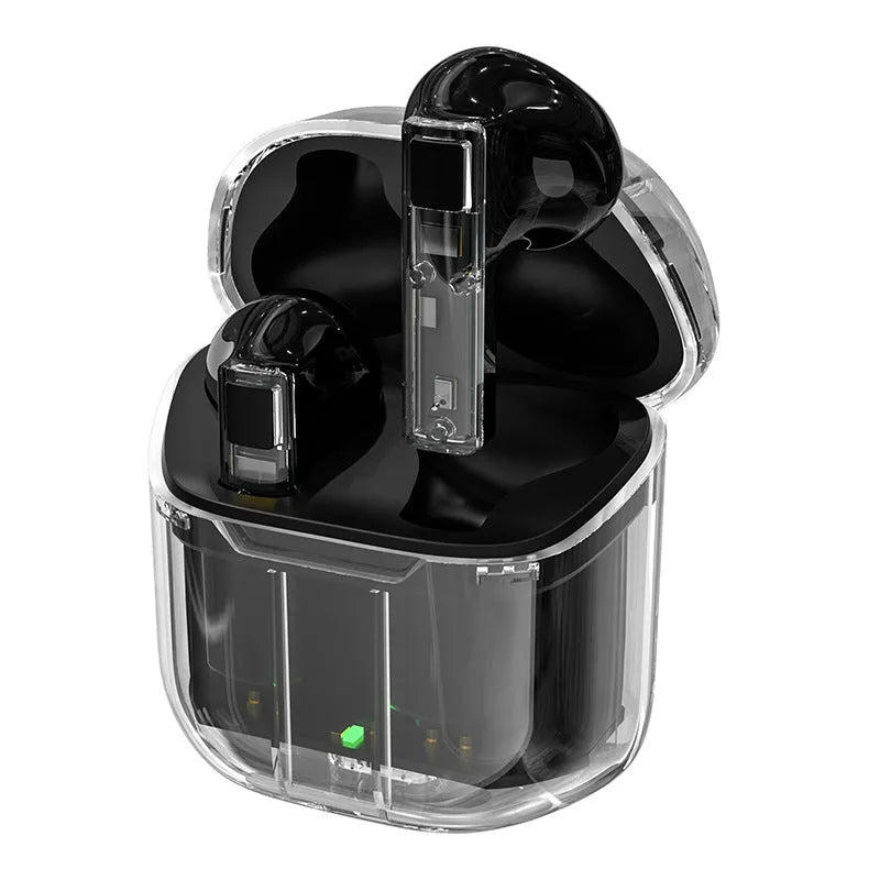 YX06 wireless TWS headphones with transparent casing in black, white, green, or orange colours