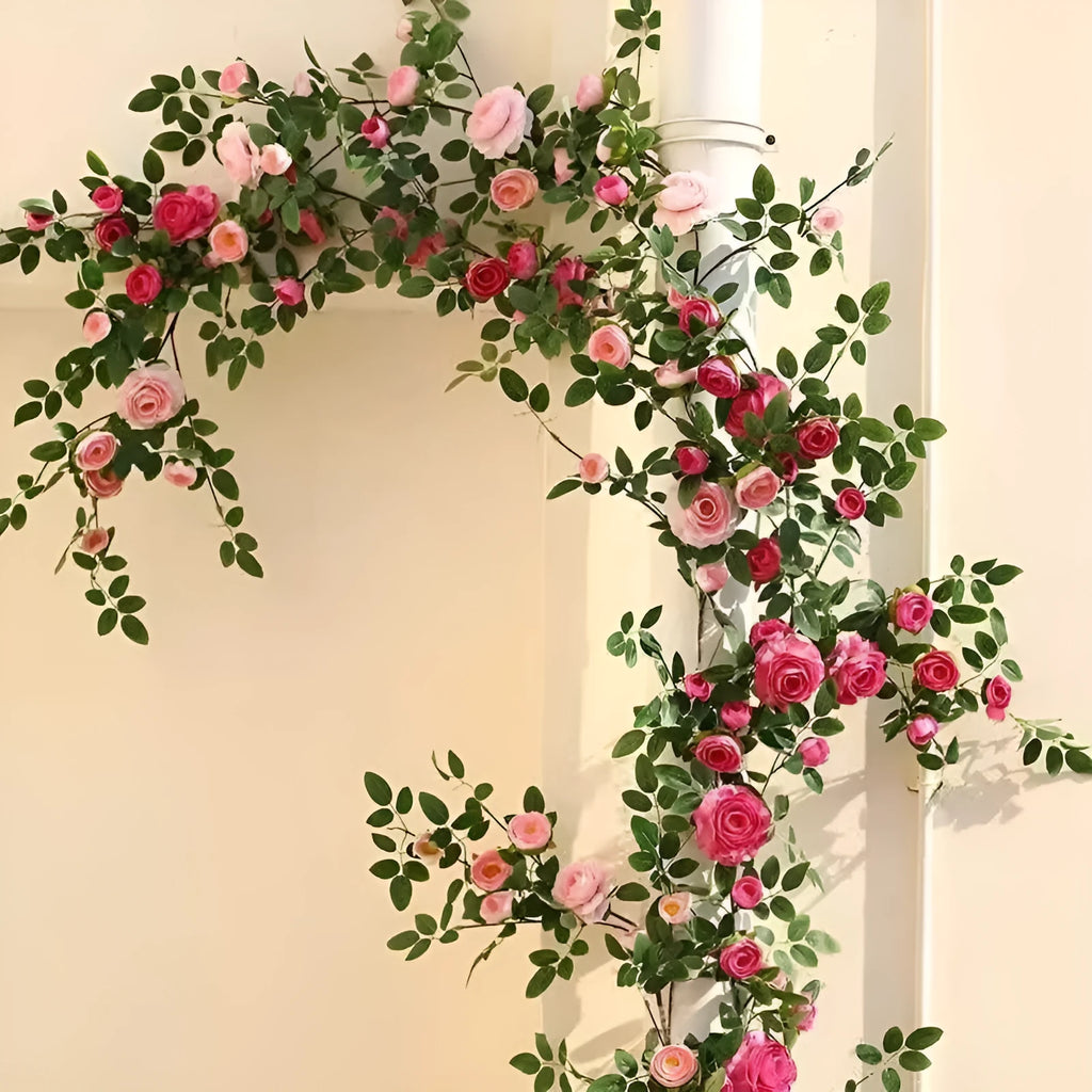 Artificial rose flower rattan vine with wire leaves and two coloured lantern lights