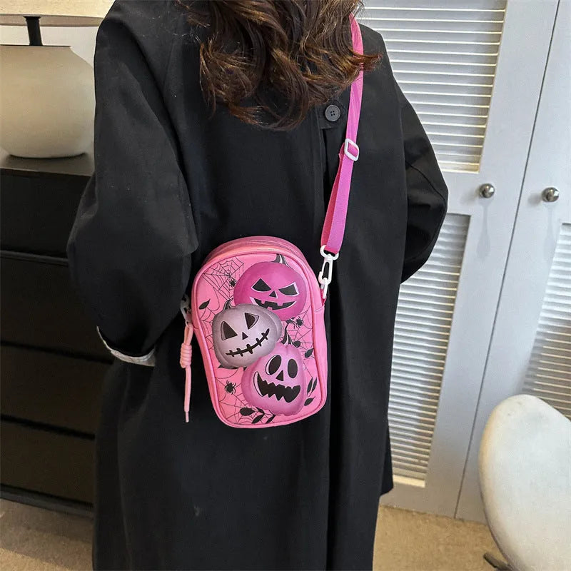 Halloween graffiti phone crossbody bag with cartoon pumpkin ghost bat print
