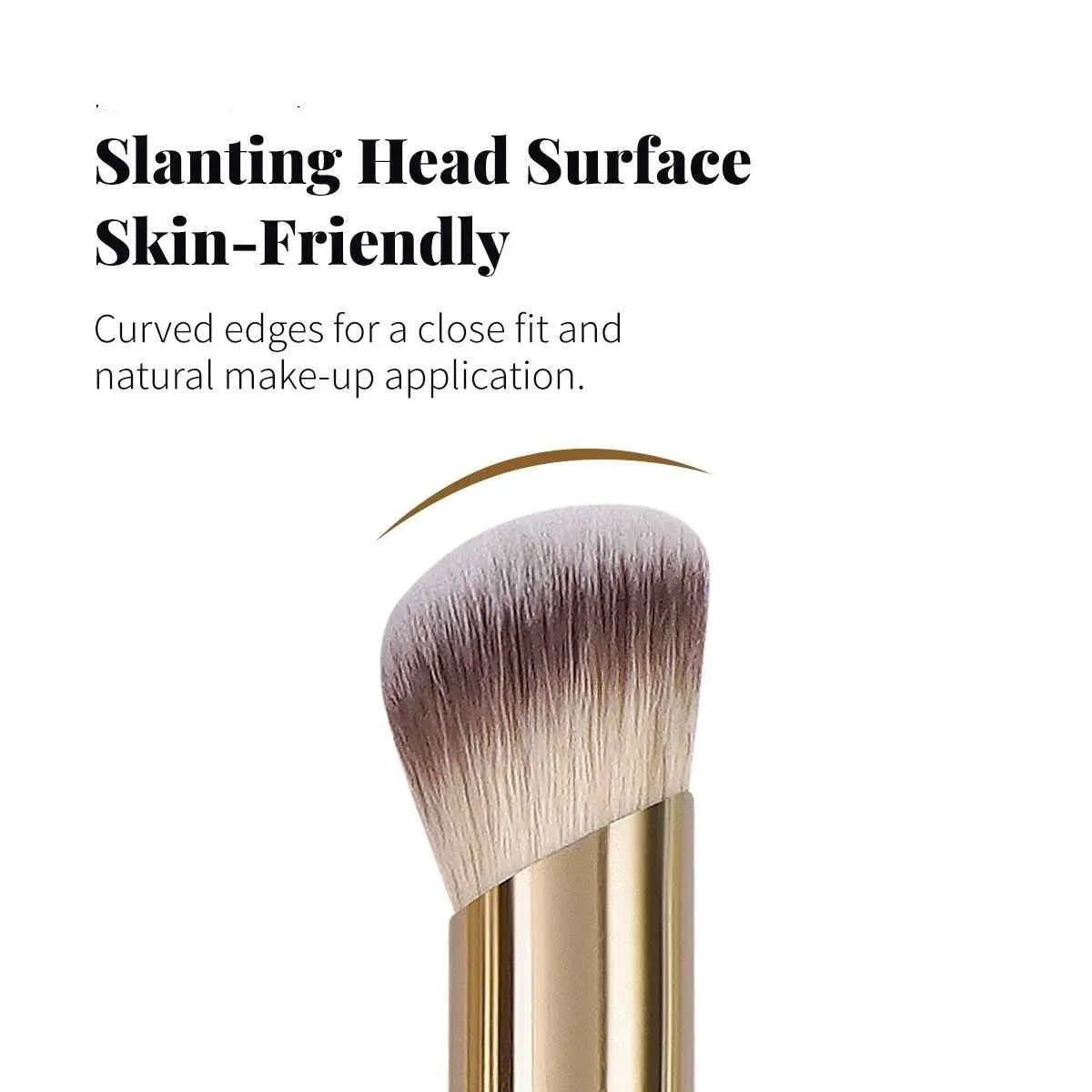 Apricot coloured angled makeup blush brush and four other synthetic brushes from a 5-piece set.