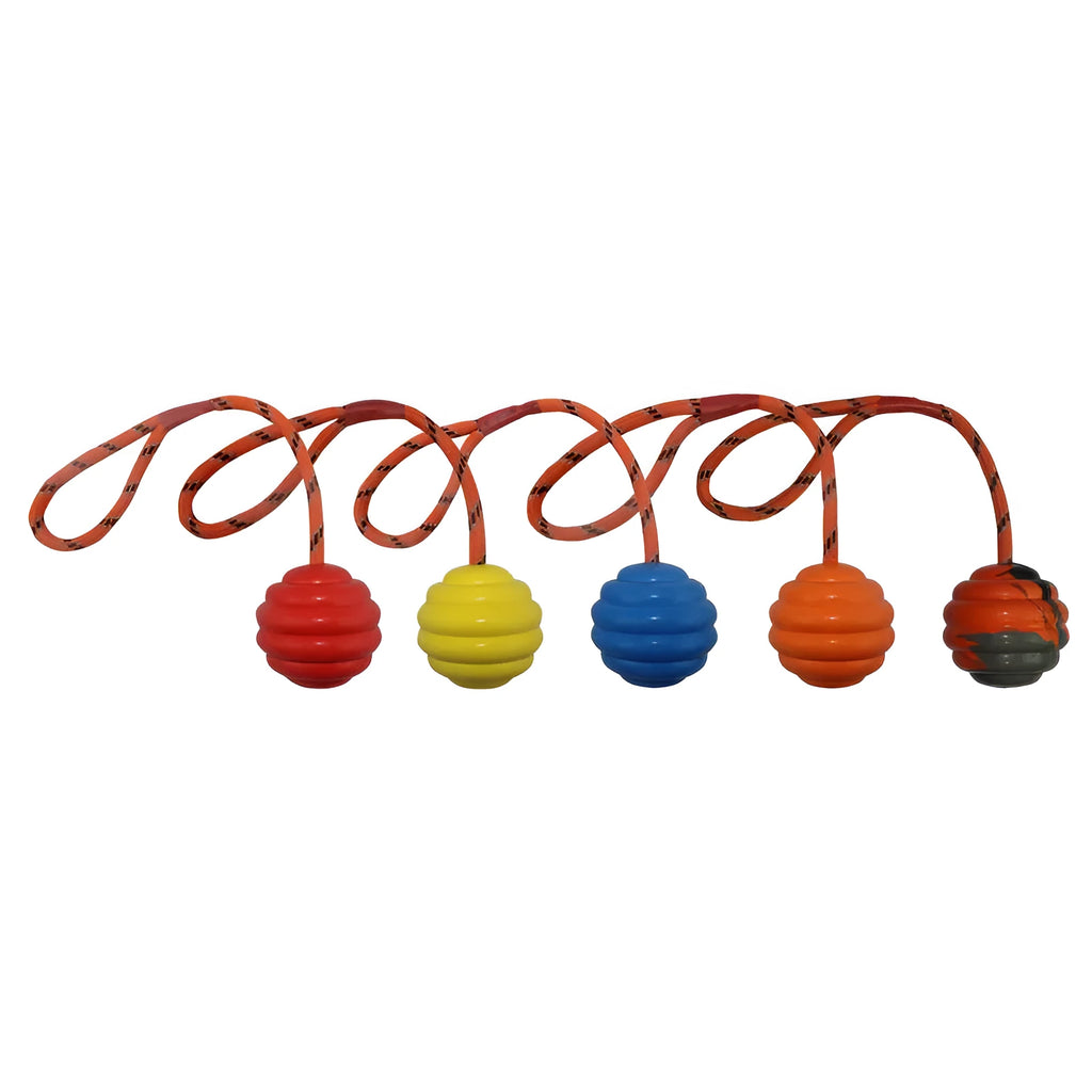 Rubber chew ball pet toy with rope knot design measuring 6x30cm in multiple colours