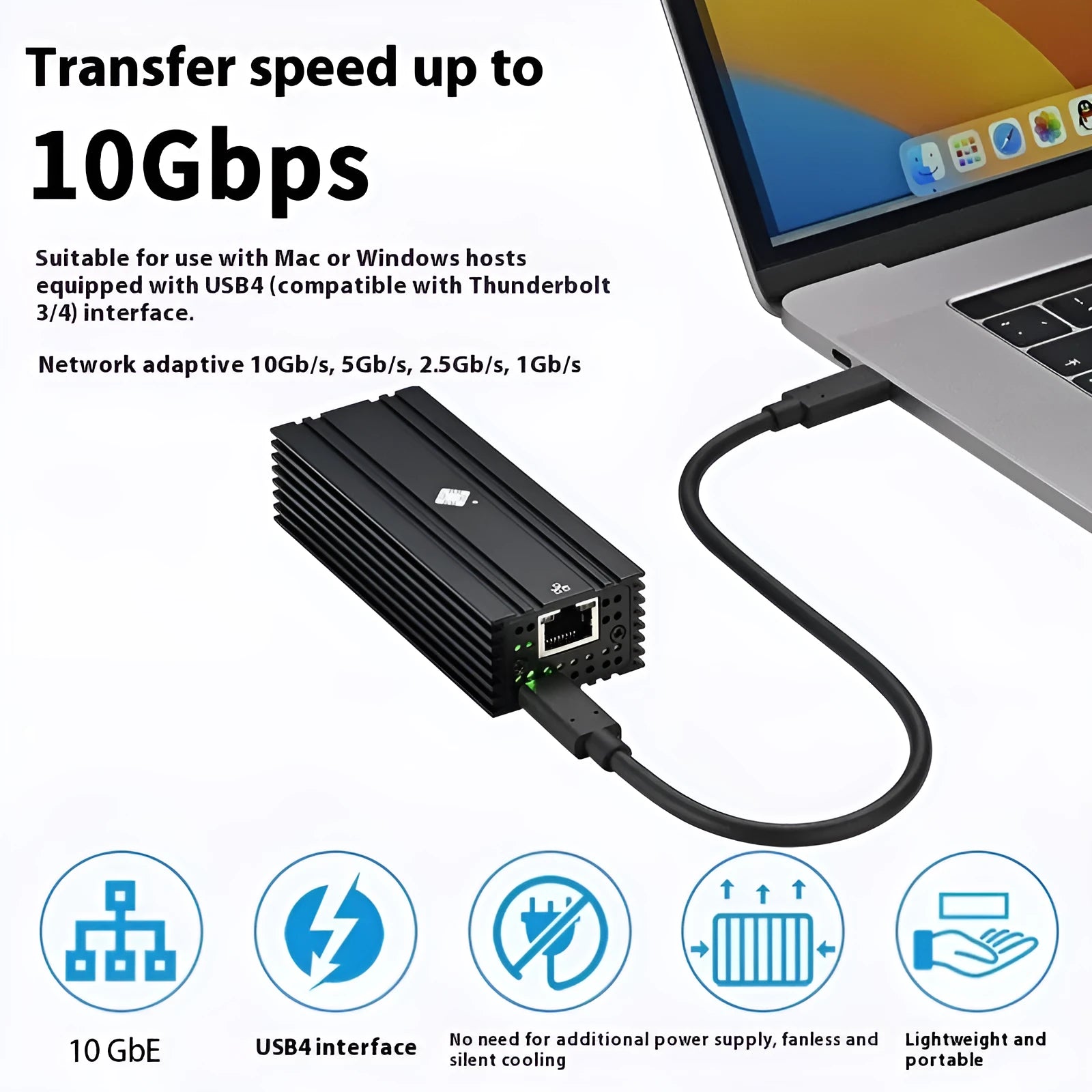 Black USB4 to 10 Gigabit Ethernet network adapter with RJ45 port and 20cm cable