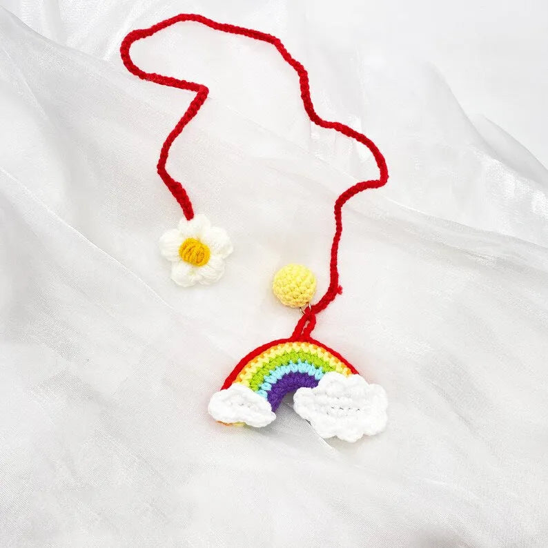Handmade crocheted avocado with rainbow flower car pendant hanger in wool yarn