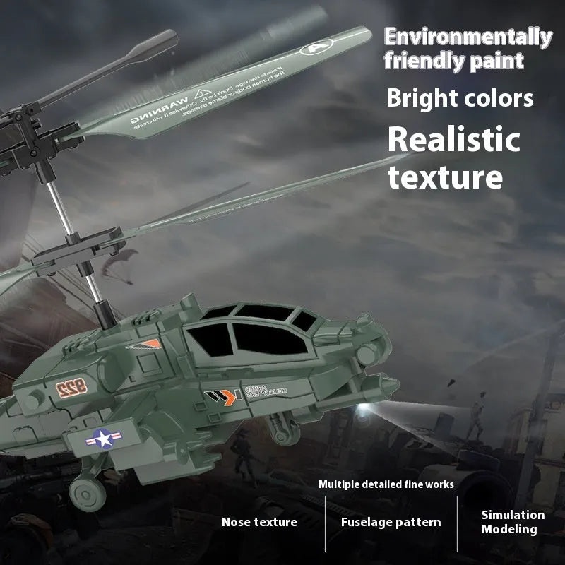 Apache remote control helicopter in army green with gyroscope and anti-fall design on display