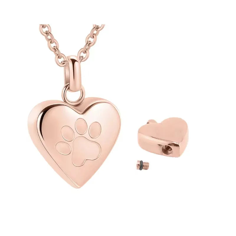 Simple titanium steel heart pendant necklace with love paw print, shown in different colours.