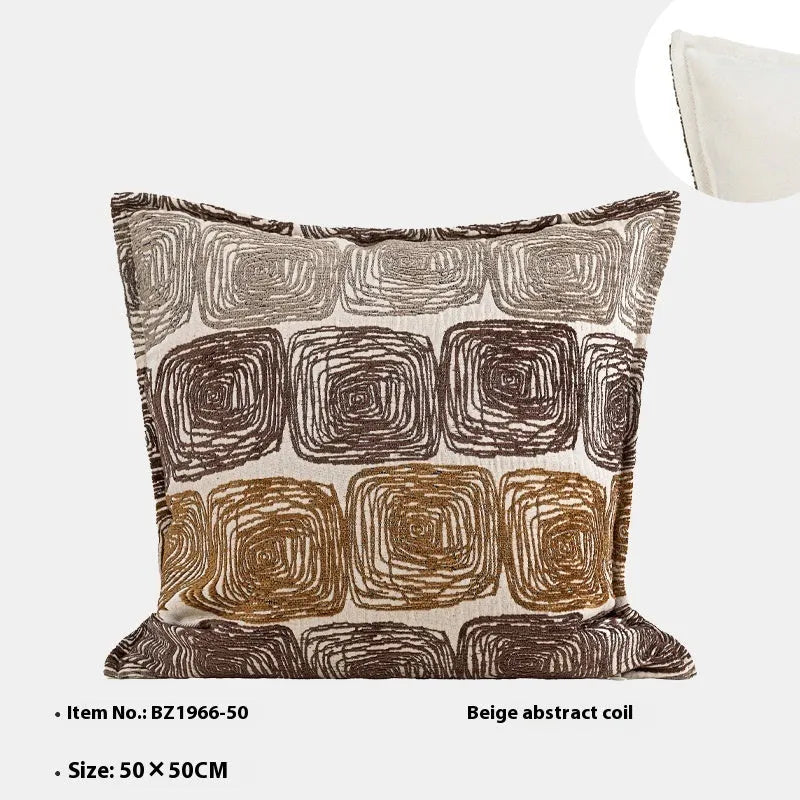 Square and rectangular pillow covers with abstract cream and coffee coil pattern on polyester fabric.