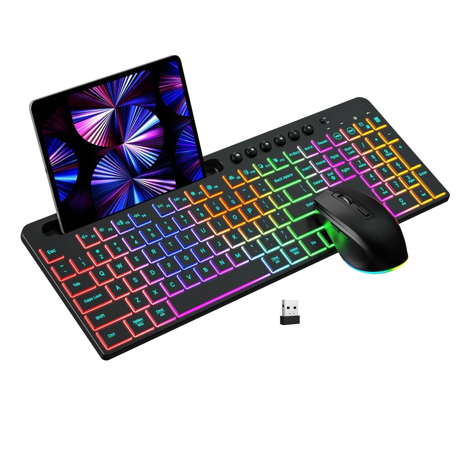 Wireless keyboard and mouse set with luminous keys and card slot on a desk