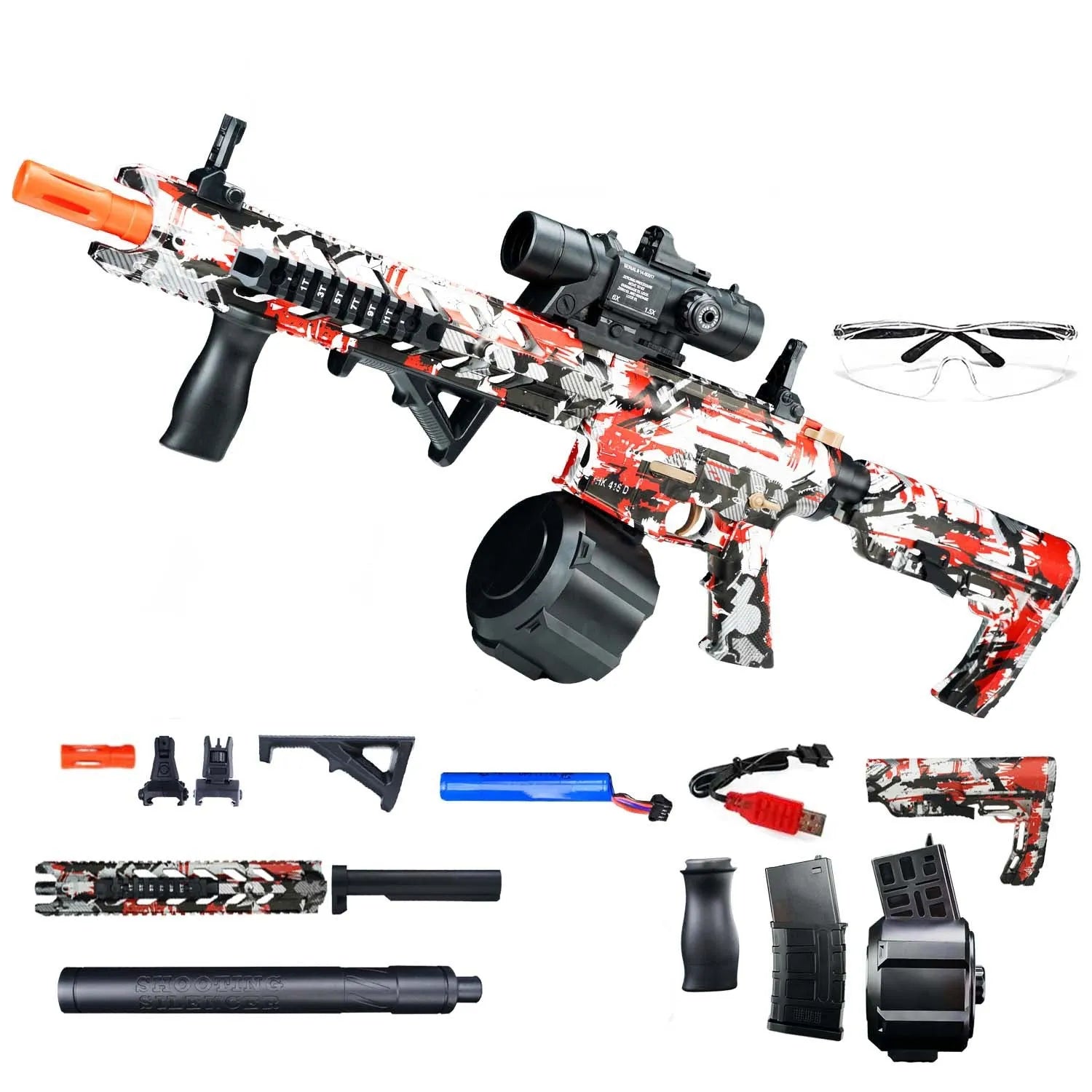 Outdoor gel ball electric continuous hair graffiti launcher toy in M4 Black and Red colour for children
