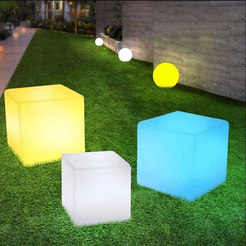 Square LED cube light stool with modern design for outdoor garden or patio use