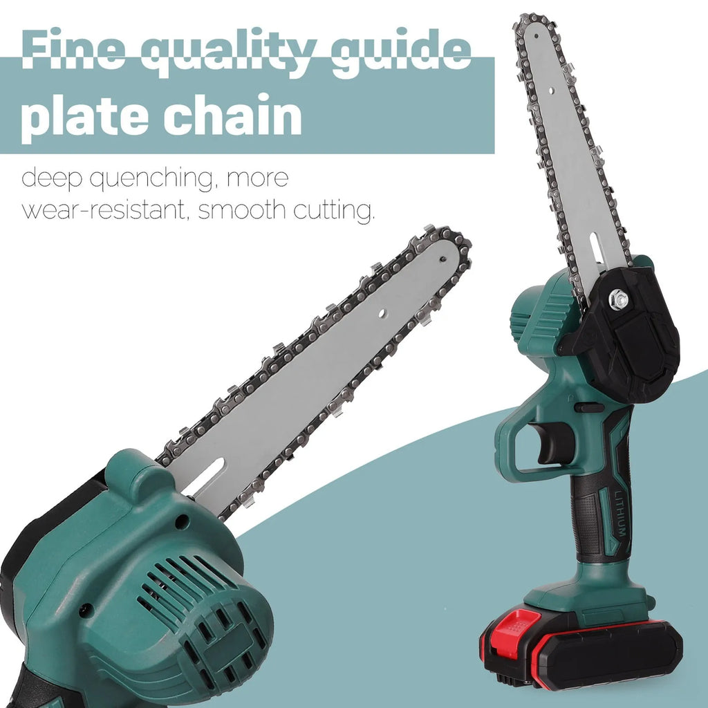 Black cordless mini electric chainsaw with 4-inch bar held in one hand for garden use.
