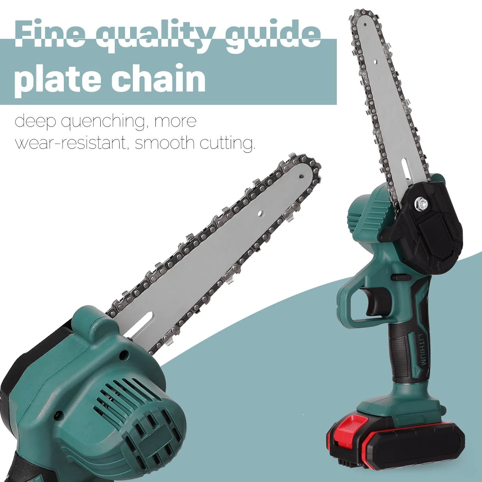 Black cordless mini electric chainsaw with 4-inch bar held in one hand for garden use.