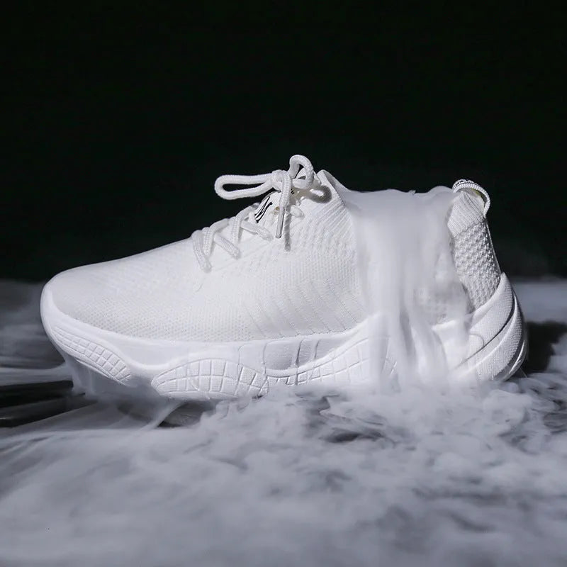 Women's white thick-soled woven sports shoes with front strap and rubber sole