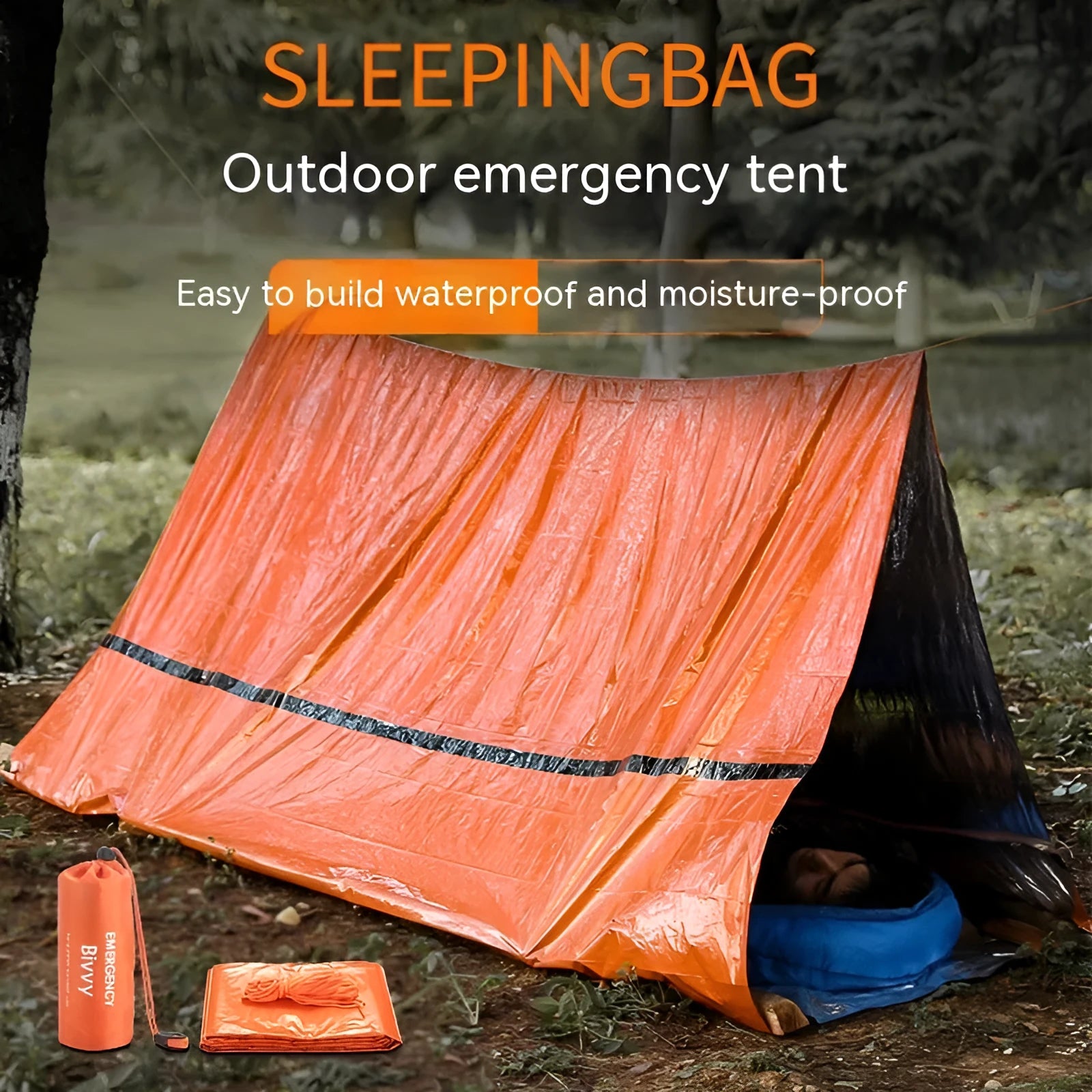 Orange portable disaster relief tent with emergency blanket showing 240cm × 150cm dimensions